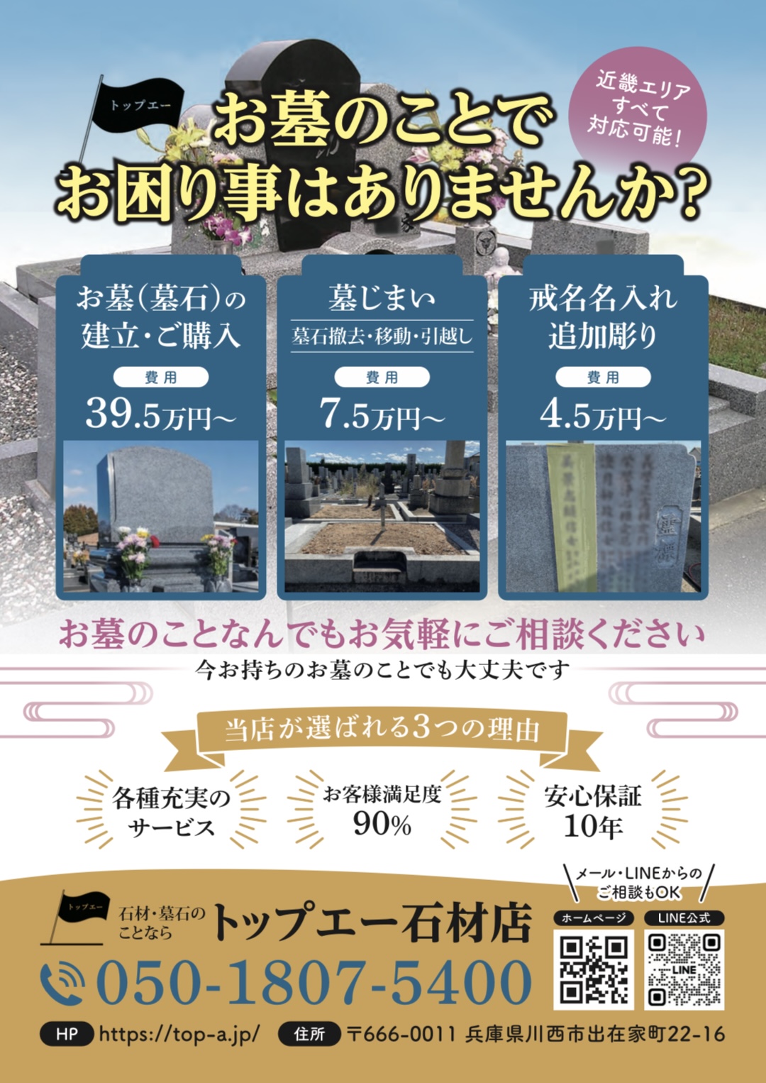 近畿エリアでお墓を建てたい、今あるお墓に戒名彫り入れをしたい、墓じまいをしたいなどのお墓に関することは受付されているトップエー石材店の料金説明や事業紹介ポスター